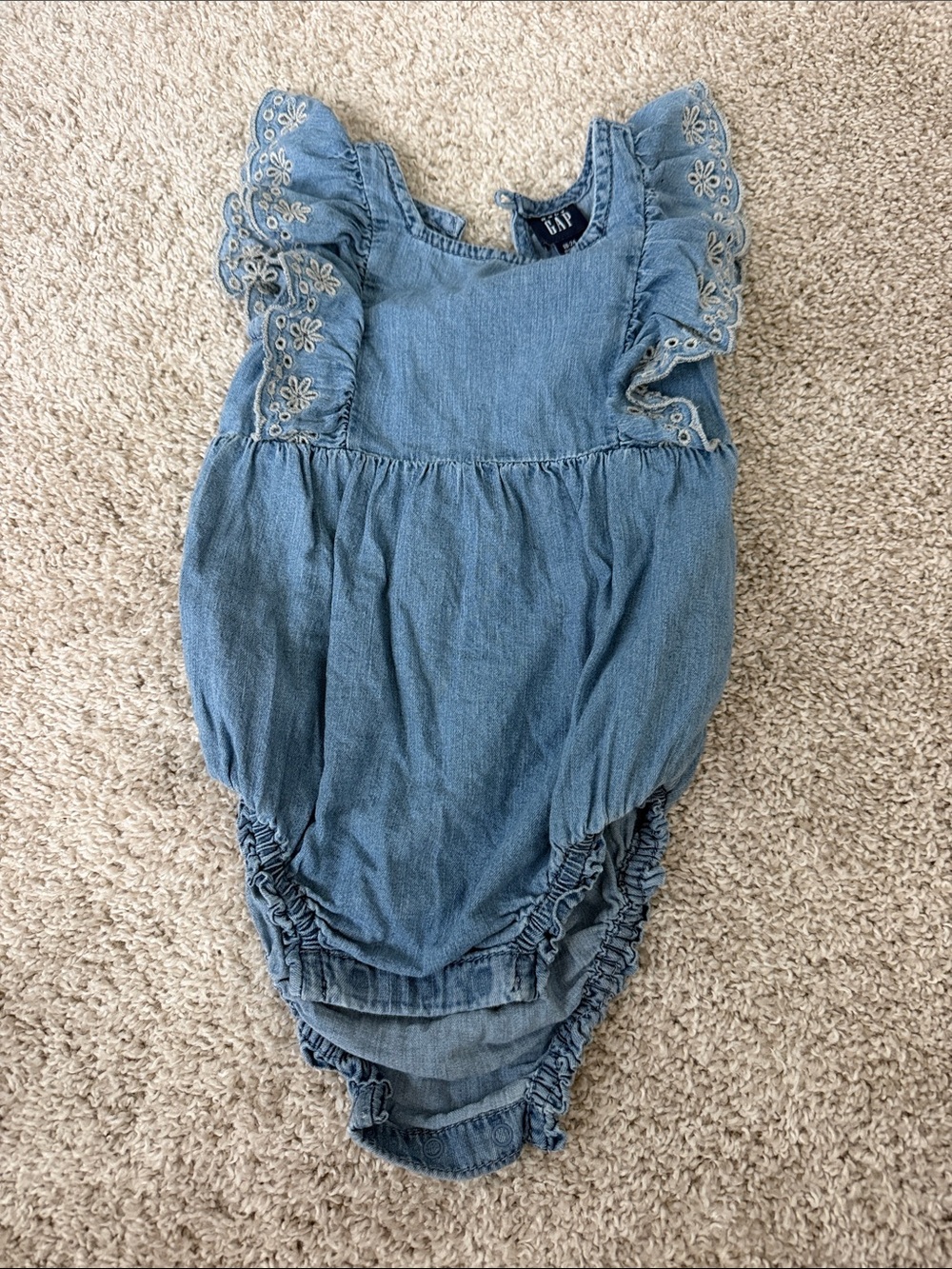 GAP Denim Blue Baby Girl One-Piece with Lace Ruffle Sleeves